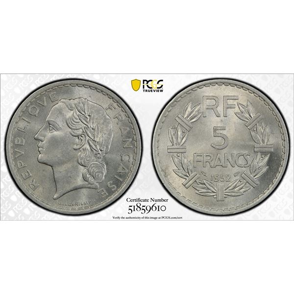 FRANCE: Fourth Republic, 5 francs, 1952, PCGS MS64