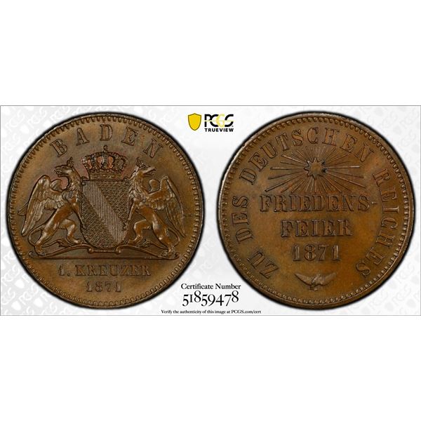 BADEN: Friedrich I, 1856-1907, AE kreuzer, 1871, PCGS MS66 BN