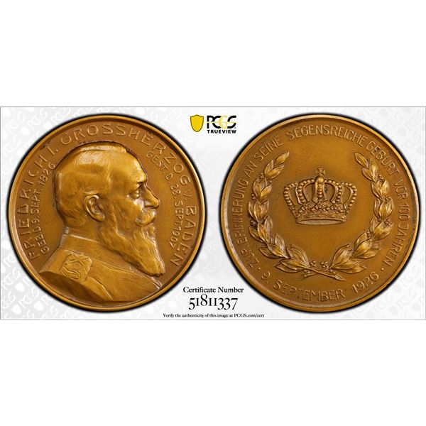 BADEN: AE medal, 1926, PCGS Specimen 64