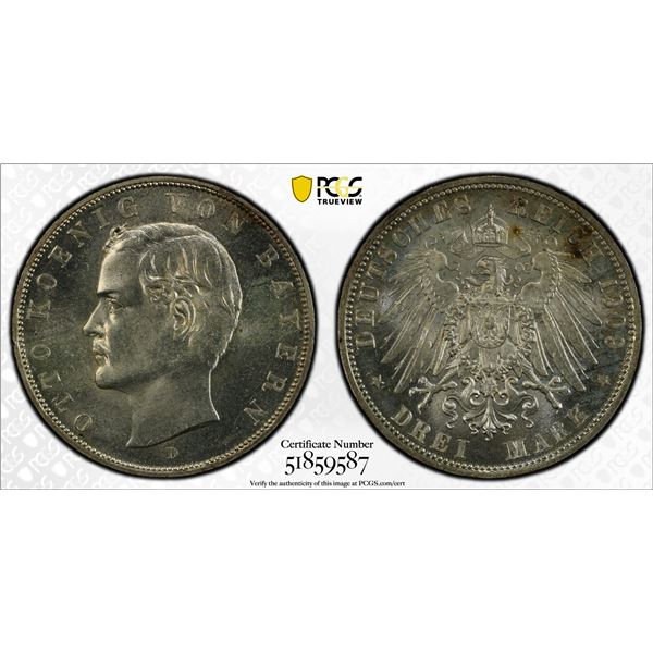 BAVARIA: Otto, 1886-1913, AR 3 mark, 1909-D, PCGS MS63