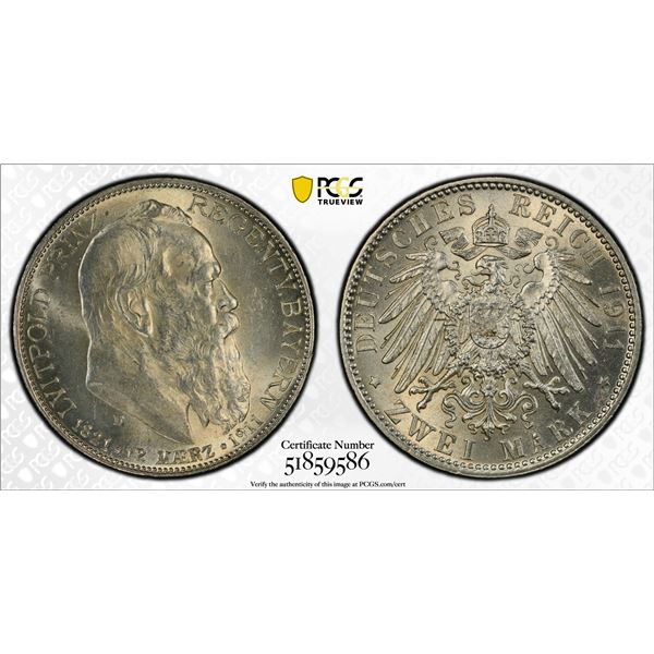BAVARIA: Otto, 1886-1913, AR 2 mark, 1911-D, PCGS MS63