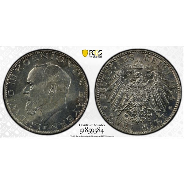 BAVARIA: Ludwig III, 1913-1918, AR 2 mark, Munich, 1914-D, PCGS MS62