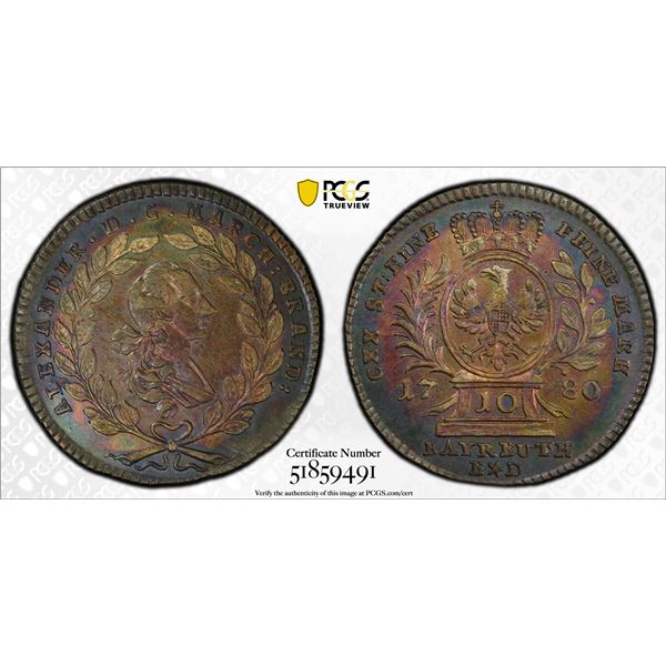 BRANDENBURG-BAYREUTH: Karl Alexander, 1769-1791, AR 10 kreuzer, 1780, PCGS MS62