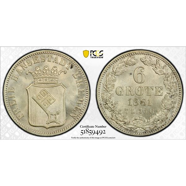 BREMEN: Free Hanseatic city, AR 6 grote, 1861, PCGS MS65