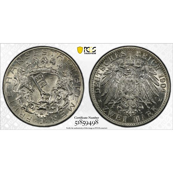 BREMEN: Free Hanseatic City, AR 2 mark, Hamburg, 1904-J, PCGS MS63