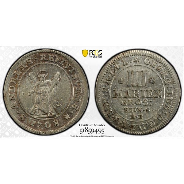 BRUNSWICK-CALENBERG-HANNOVER: Georg I, 1698-1727, AR 4 mariengroschen, 1708, PCGS AU58