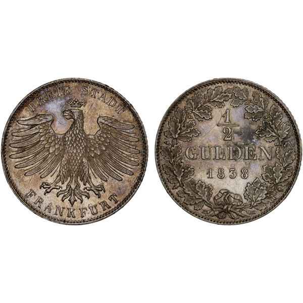 FRANKFURT: Free City, AR 1/2 gulden, 1838, XF