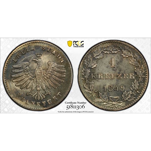 FRANKFURT: Free City, AR kreuzer, 1849, PCGS MS64