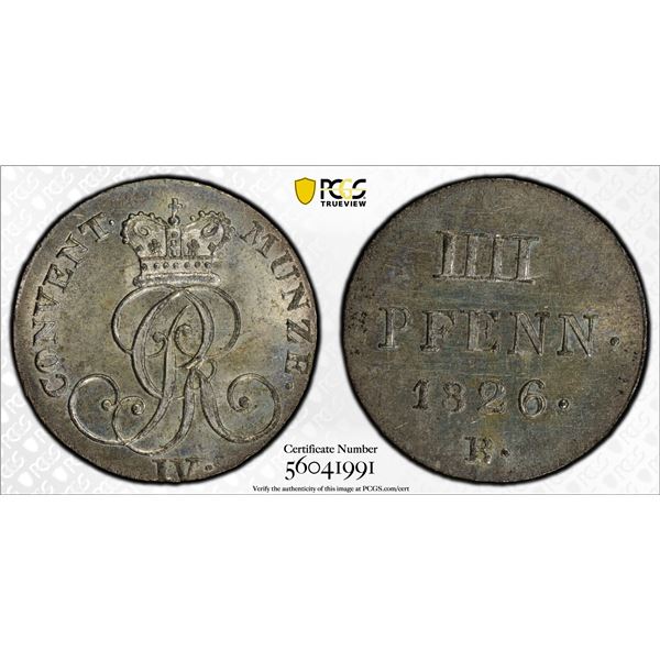 HANOVER: Georg IV, 1820-1830, BI 4 pfennig, 1826-B, PCGS MS64