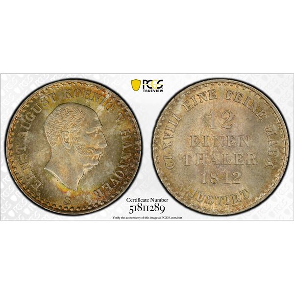 HANOVER: Ernst August, 1837-1851, AR 1/12 thaler, 1842, PCGS MS65