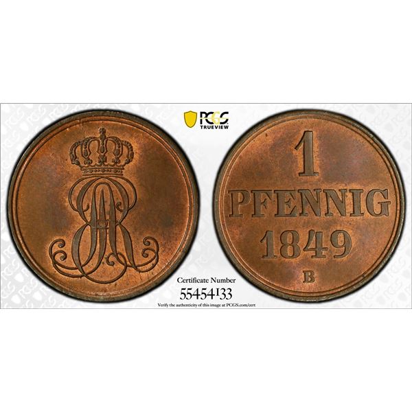 HANOVER: Ernst August, 1837-1851, AE pfennig, 1849-B, PCGS MS65 RB