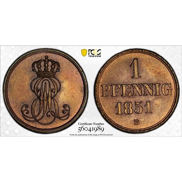 HANOVER: Ernst August, 1837-1851, AE pfennig, 1851-B, PCGS MS64 RB