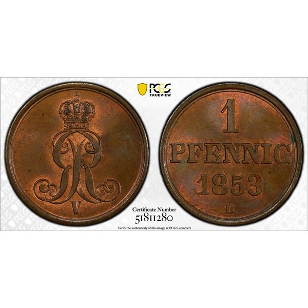 HANOVER: Georg V, 1851-1866, AE pfennig, 1853, PCGS MS64 RB