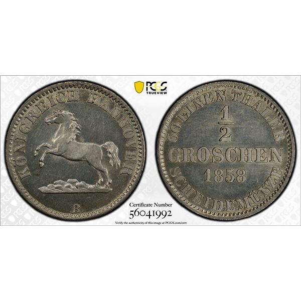 HANOVER: Georg V, 1851-1866, BI 1/2 groschen, 1858-B, PCGS MS62