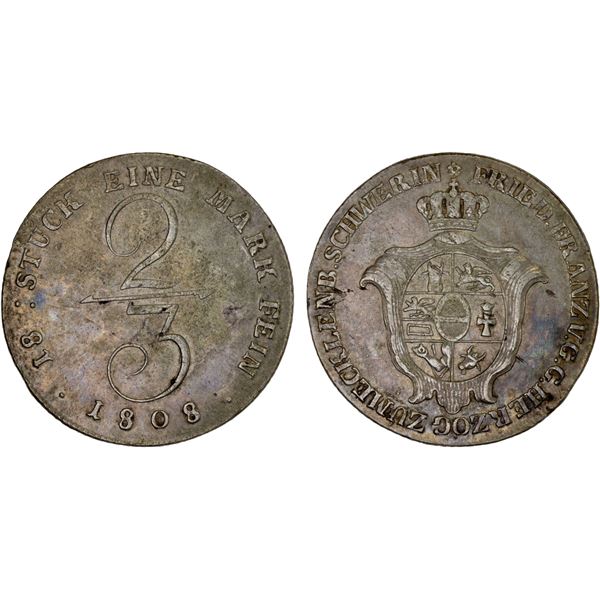MECKLENBURG-SCHWERIN: Friedrich Franz I, 1785-1815, AR 2/3 thaler, 1808, XF