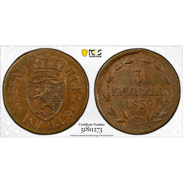 NASSAU: William, 1816-1839, BI 3 kreuzer, 1832, PCGS AU58