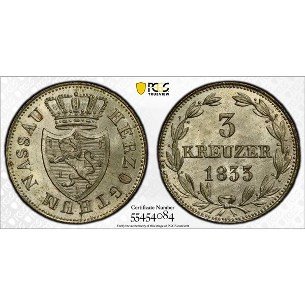 NASSAU: Duke Wilhelm, 1816-1839, BI 3 kreuzer, 1833, PCGS MS65