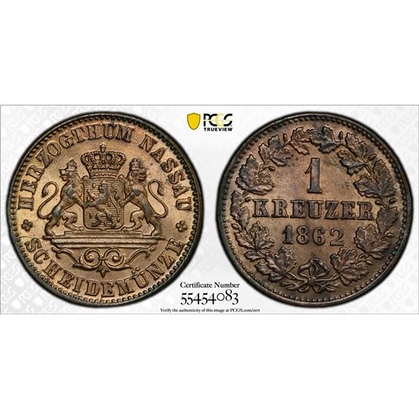 NASSAU: Duke Adolph, 1839-1866, AE kreuzer, 1862, PCGS MS64 RB