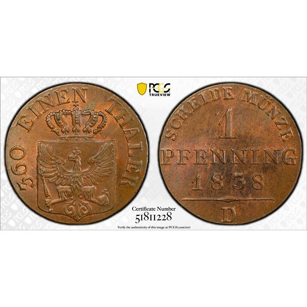 PRUSSIA: Friedrich Wilhelm III, 1797-1840, AE pfennig, Düsseldorf, 1838-D, PCGS MS63 BN