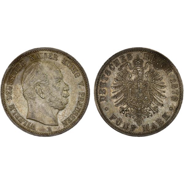 PRUSSIA: Wilhelm I, 1861-1888, AR 5 mark, 1876-B, XF-AU