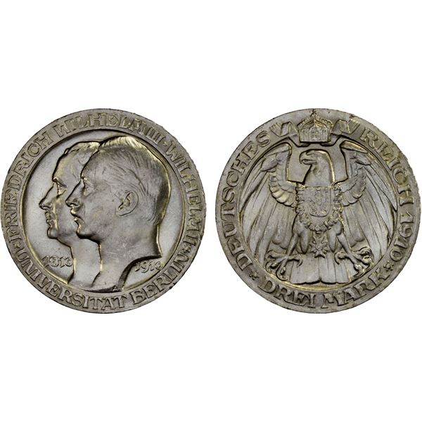 PRUSSIA: Wilhelm II, 1888-1918, AR 3 mark, 1910-A, Unc