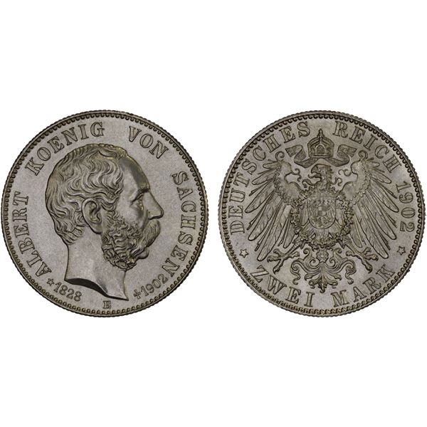 SAXONY: Friedrich August III, 1904–1918, AR 2 mark, 1902-E, Unc