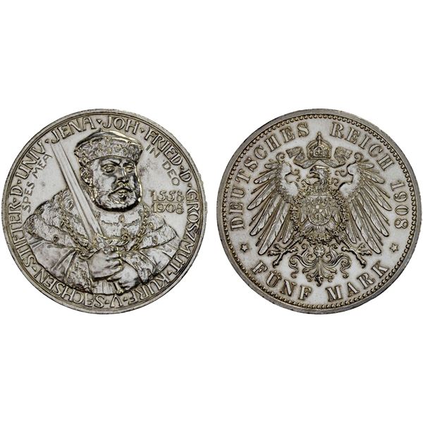 SAXE-WEIMAR-EISENACH: Wilhelm Ernst, 1901-1918, AR 5 mark, 1908-A, Unc