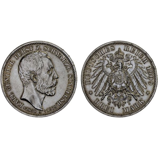 SCHWARZBURG-SONDERSHAUSEN: Günther Victor, 1909-1918, AR 3 mark, 1909-A, AU