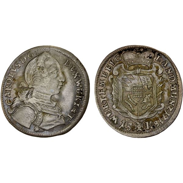WÜRTTEMBERG: Karl Eugen, 1737-1793, AR 15 kreuzer, VF-XF