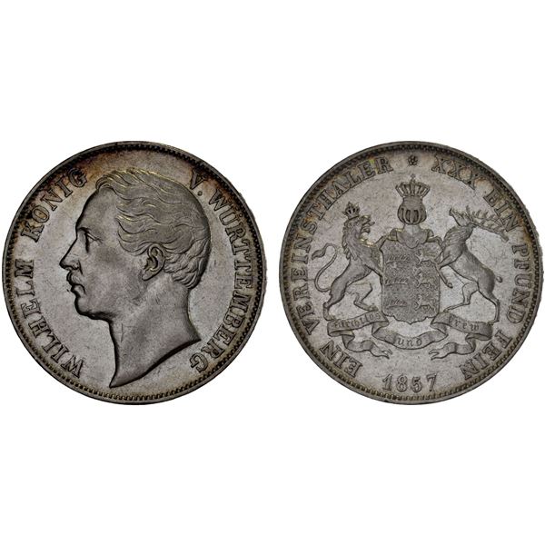 WÜRTTEMBERG: Wilhelm I, 1816-1864, AR vereinsthaler, 1857, XF