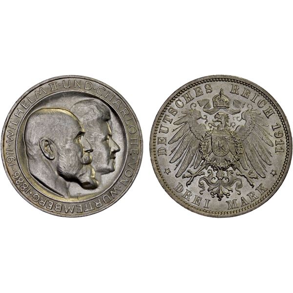 WÜRTTEMBERG: Wilhelm II, 1891-1918, AR 3 mark, 1911-F, Unc
