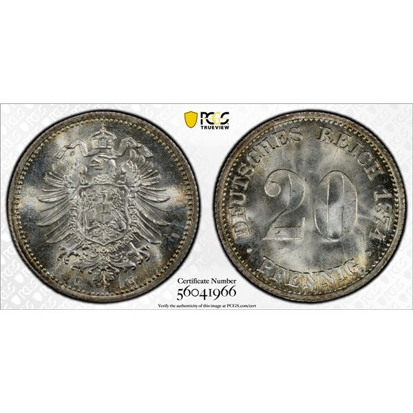 GERMANY: Kaiserreich, AR 20 pfennig, Karlsruhe, 1874-G, PCGS MS66