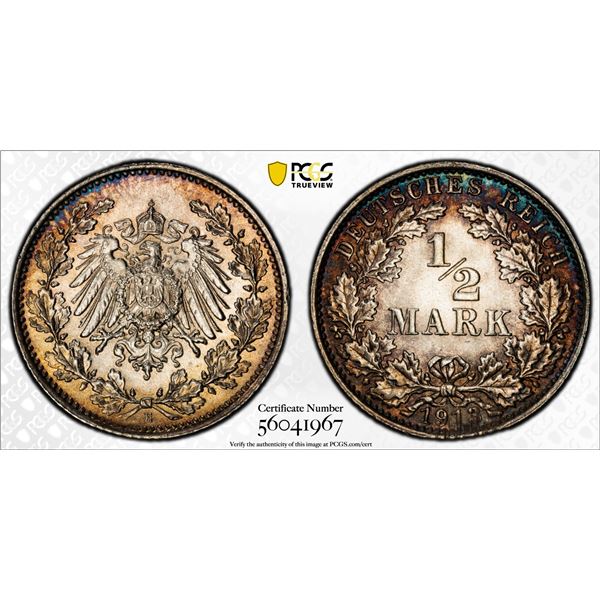 GERMANY: Kaiserreich, AR 1/2 mark, Muldenhutten, 1913-E, PCGS MS65