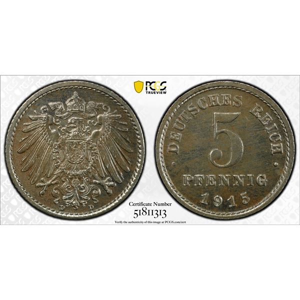 GERMANY: Kaiserreich, 5 pfennig, 1915-D, PCGS MS64