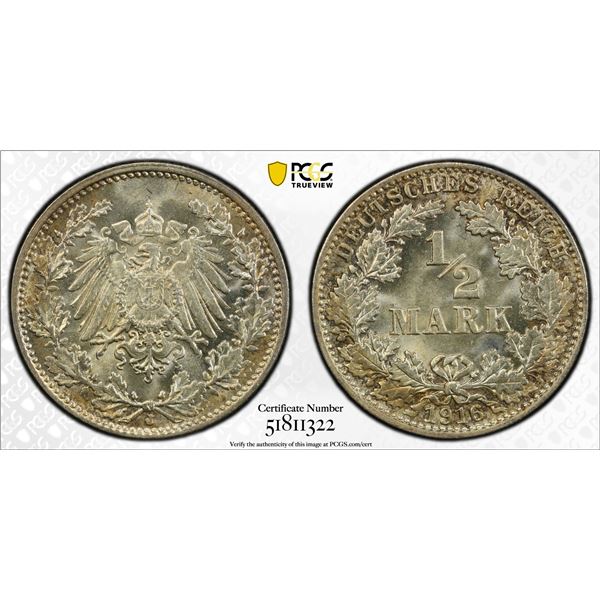 GERMANY: Kaiserreich, AR 1/2 mark, 1916-J, PCGS MS66