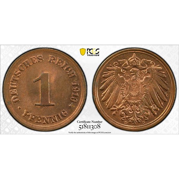 GERMANY: Kaiserreich, AE pfennig, 1916-D, PCGS MS64 RB