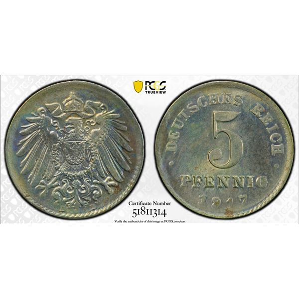 GERMANY: Kaiserreich, 5 pfennig, 1917-D, PCGS MS65