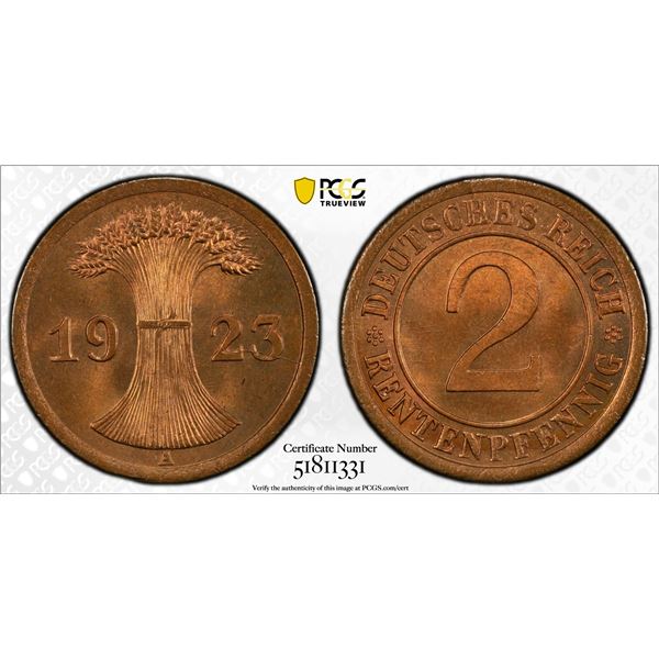 GERMANY: Weimar Republic, AE 2 reichspfennig, 1923-A, PCGS MS66 RD