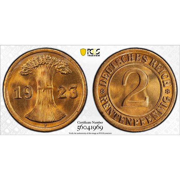 GERMANY: Weimar Republic, AE 2 rentenpfennig, Stuttgart, 1923-F, PCGS MS65 RB