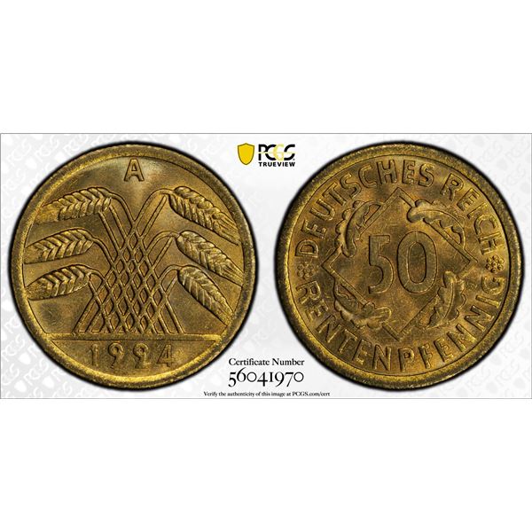 GERMANY: Weimar Republic, 50 rentenpfennig, Berlin, 1924-A, PCGS MS65