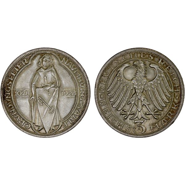 GERMANY: Weimar Republic, AR 3 reichsmark, 1928-A, AU