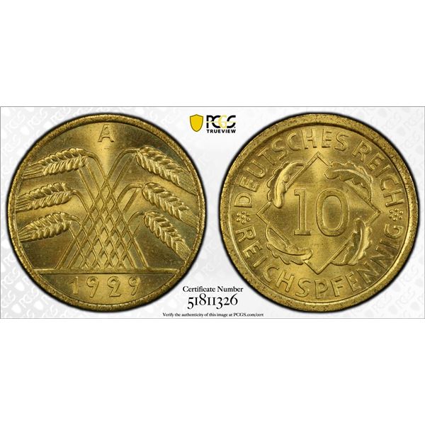 GERMANY: Weimar Republic, 10 pfennig, 1929-A, PCGS MS67