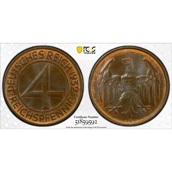 GERMANY: Weimar Republic, AE 4 reichspfennig, 1932-A, PCGS MS65 BN