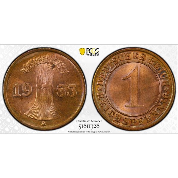 GERMANY: Weimar Republic, 1919-1932, AE reichspfennig, 1933-A, PCGS MS65 RB