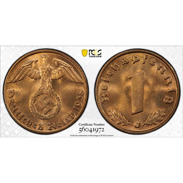 GERMANY: Third Reich, AE reichspfennig, Hamburg, 1938-J, PCGS MS65 RD