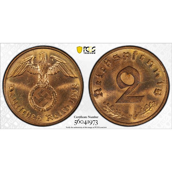GERMANY: Third Reich, AE 2 reichspfennig, Stuttgart, 1938-F, PCGS MS64 RB
