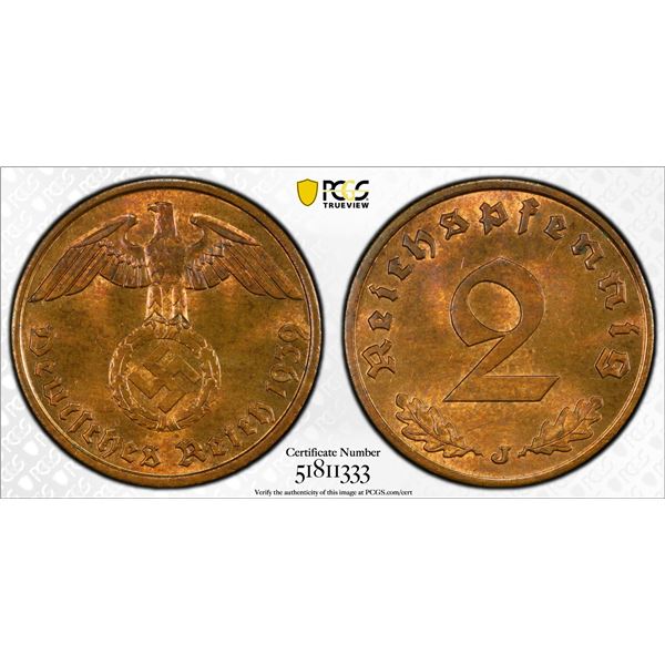 GERMANY: Third Reich, 1933-1945, AE 2 reichspfennig, 1939-J, PCGS MS64 RB