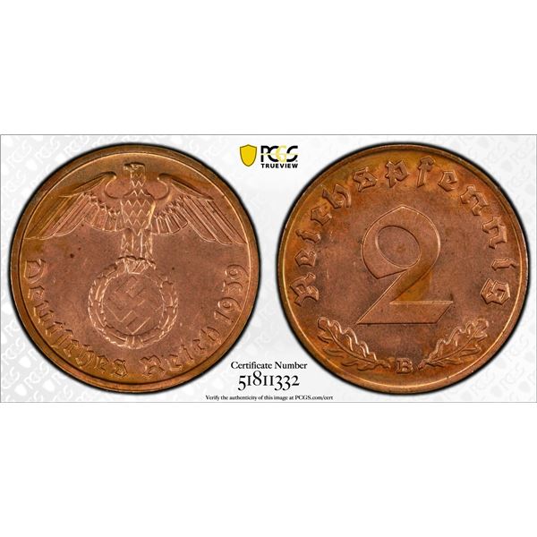 GERMANY: Third Reich, 1933-1945, AE 2 reichspfennig, 1939-B, PCGS MS64 RB