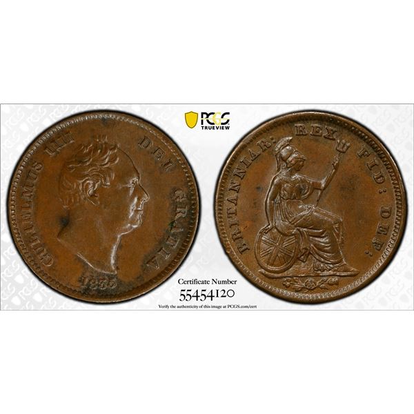 GREAT BRITAIN: William IV, 1830-1837, AE 1/3 farthing, 1835, PCGS MS63 BN