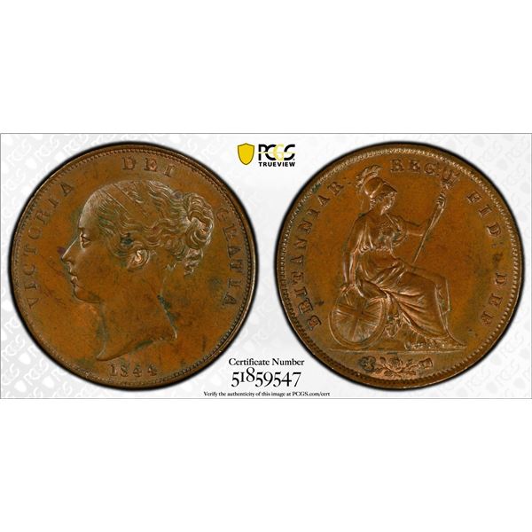 GREAT BRITAIN: Victoria, 1837-1901, AE penny, 1844, PCGS MS62 BN